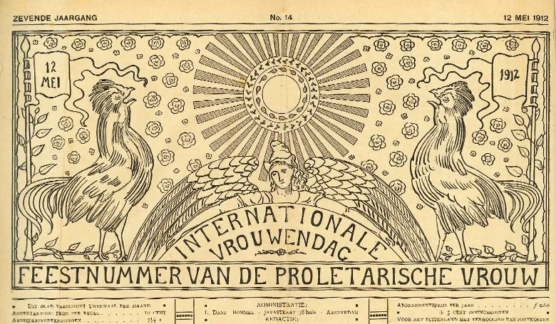 Een haan met tekstballon 12 mei, met symbool van een zon en vrouw die armen en vleugels om tekst Internationale Vrouwendag slaat.