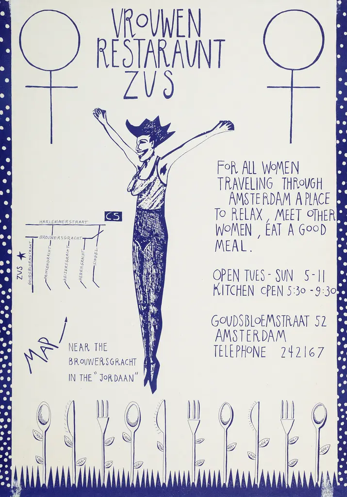 Affiche met daarop de tekst 'Vrouwenrestaurant Zus'. In het midden een illustratie van een springende vrouw met haar armen in de lucht. Aan de zijkant twee vrouwentekens en onderaan zijn geillustreerde bloemen van bestek gemaakt.