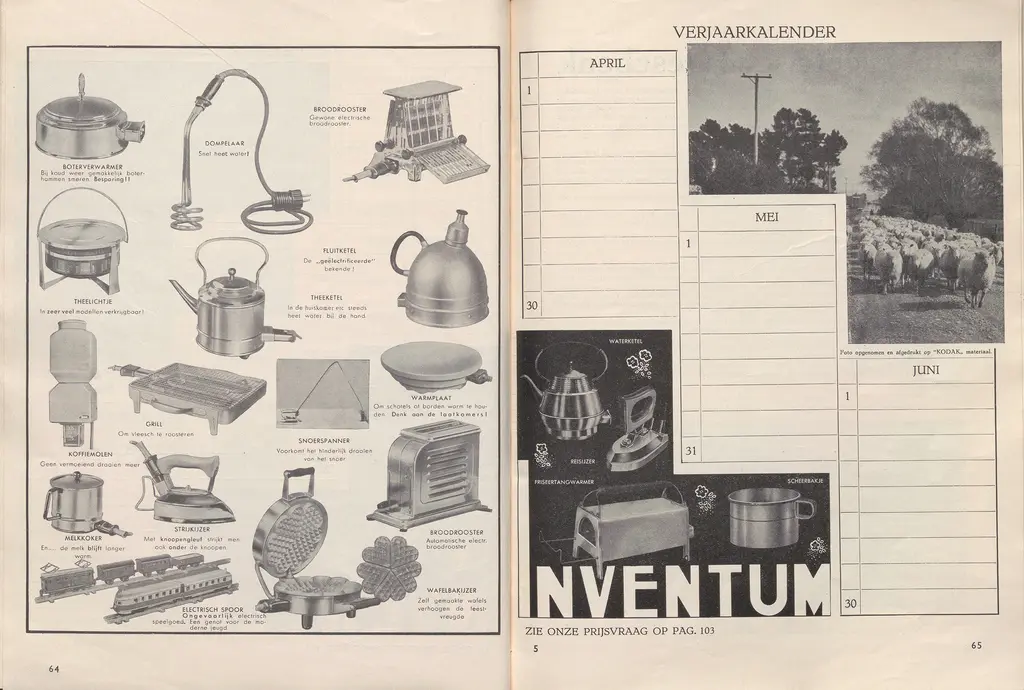 Twee bladzijdes uit het Elektro-huishoudboek van 1937. Verschillende plaatjes met electrische huishoudelijke voorwerpen als stofzuigers, fluitketels, wafelijzer, strijkijzer